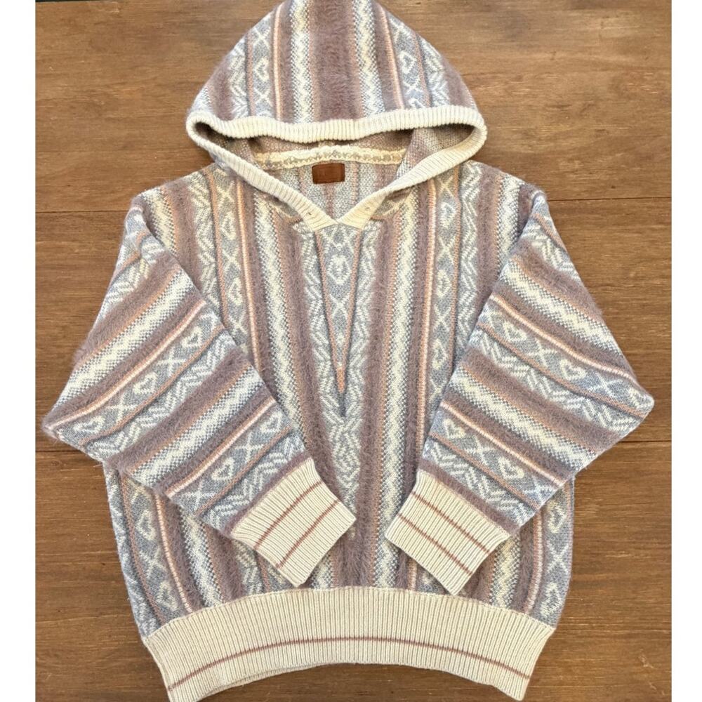 POL Women’s Hooded Fair Isle Knit Sweater Cardigan Gray Cream Mauve Cozy Boho